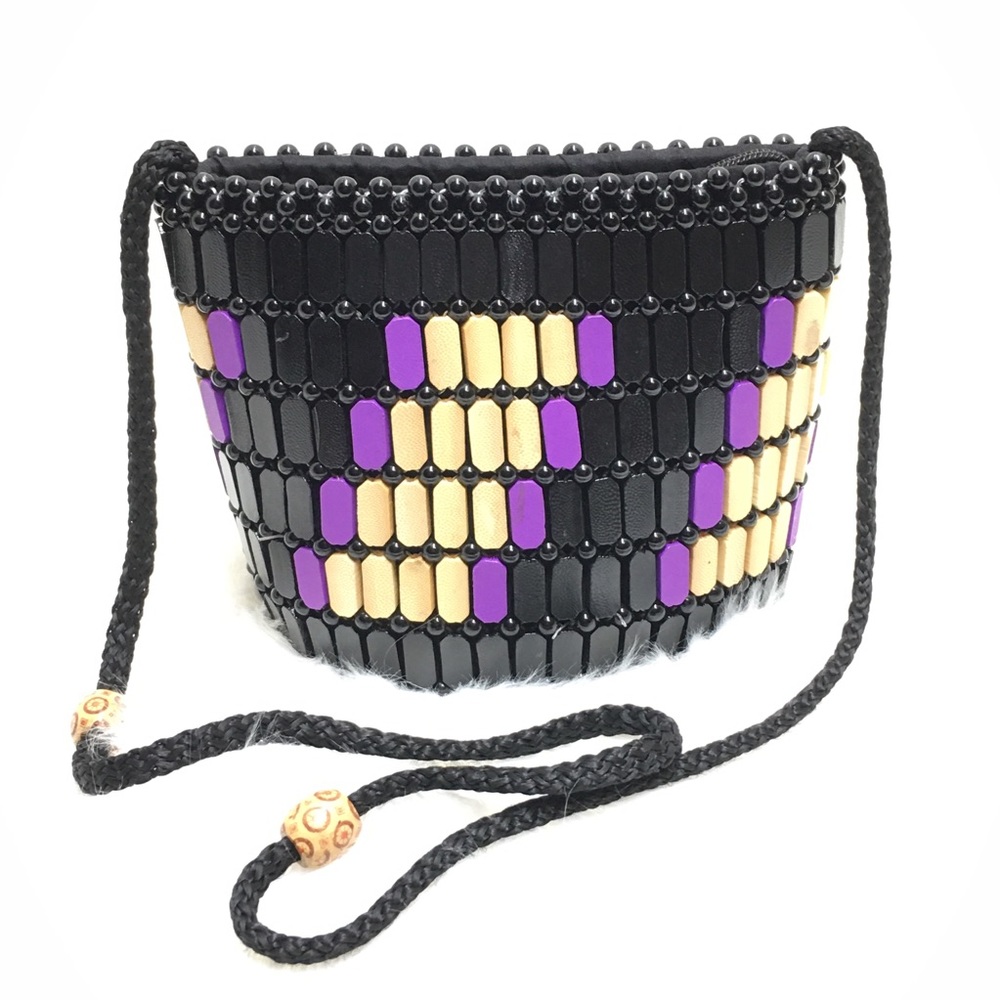 African Purple & Black Beaded Leather Handmade Bag